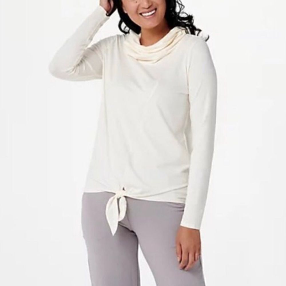AnyBody Cozy Knit Jersey Cowl Neck Tie Front Top